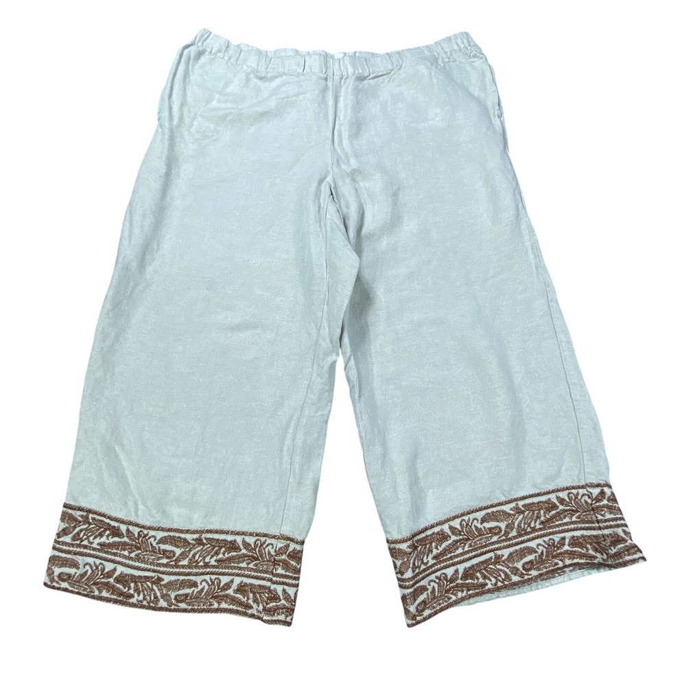 J. Jill Light Blue Cropped Wide-Leg Pants with Brown Embroidered Hem